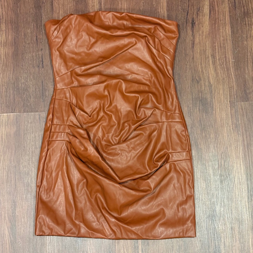 DO+BE Strapless Faux Leather Mini Dress Ruched Cognac Brown Bodycon Tube Dress M